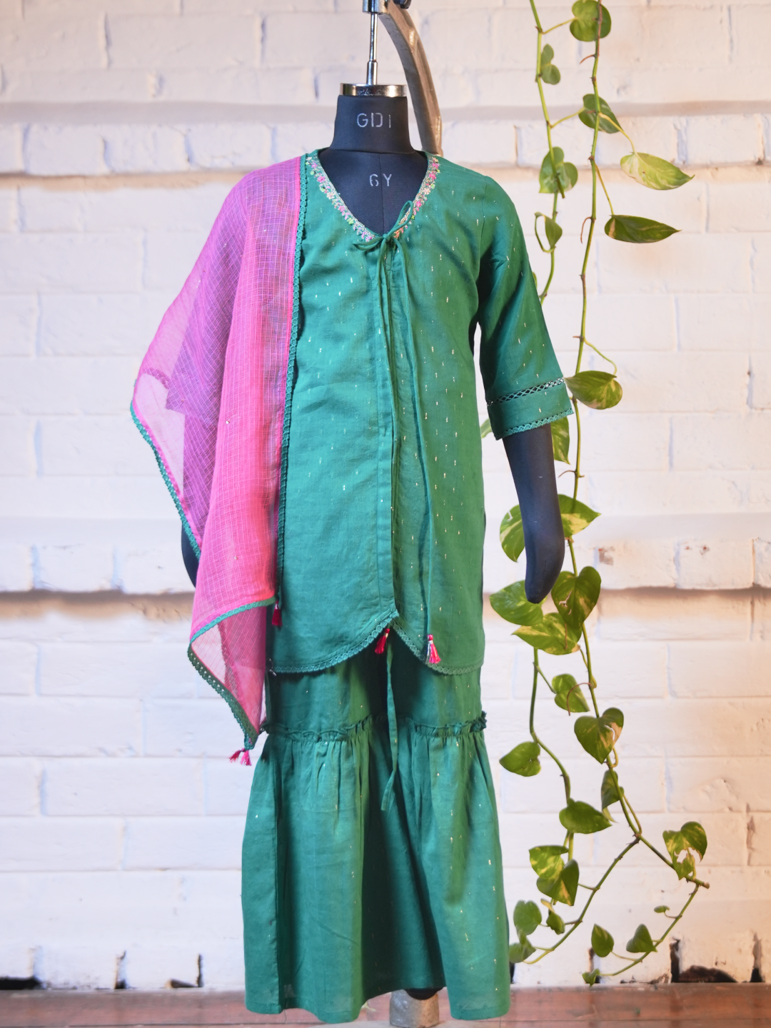 Bacha Adha Set with Fuchsia Dupatta