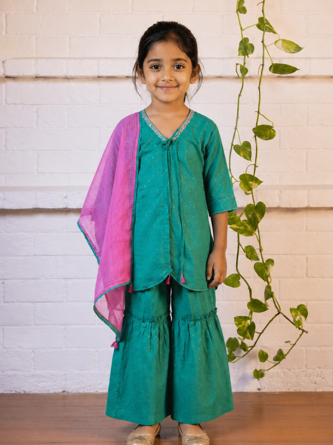 Bacha Adha Set with Fuchsia Dupatta